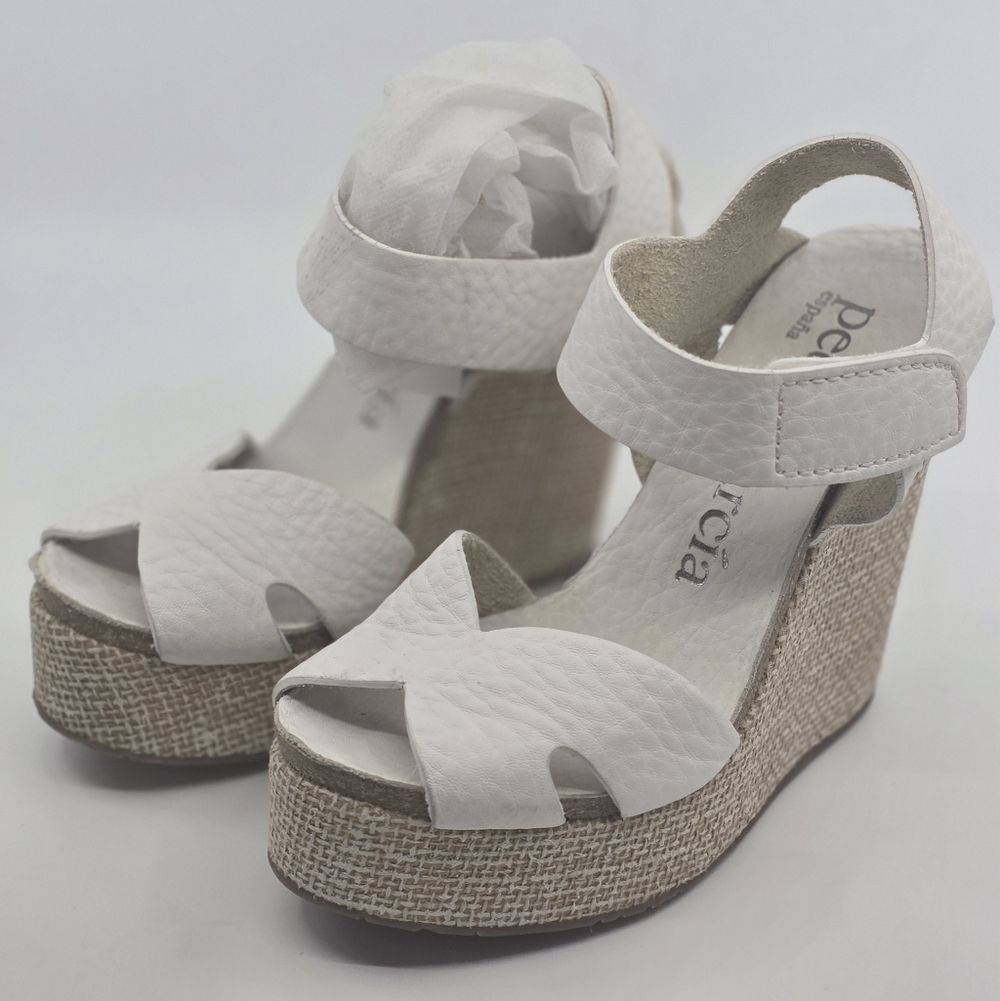 Pedro Garcia White Leather, Suede, Cork Wedge Summer Beach Wedding Sandals